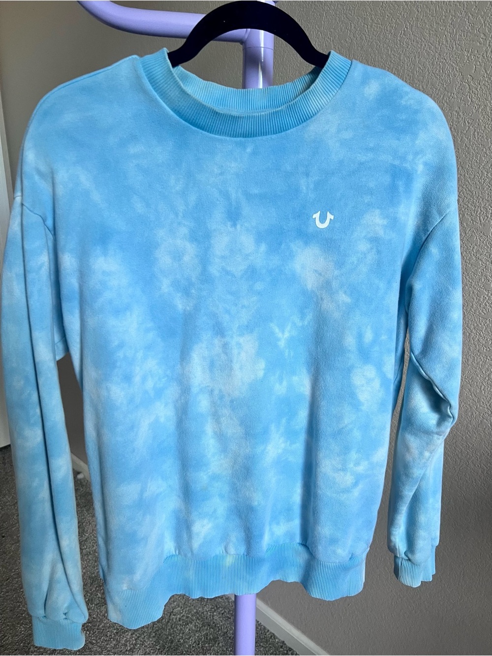 True Religion Men's Light Blue Tie-Dye Crewneck Sweater